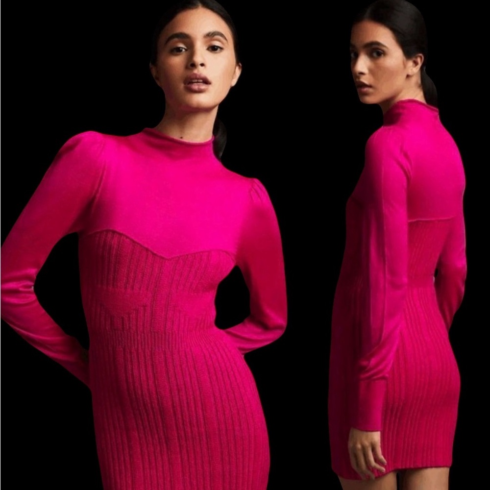 Anthropologie Hot Pink Mock Neck Ribbed Sweater Bodycon Dress- Size Medium